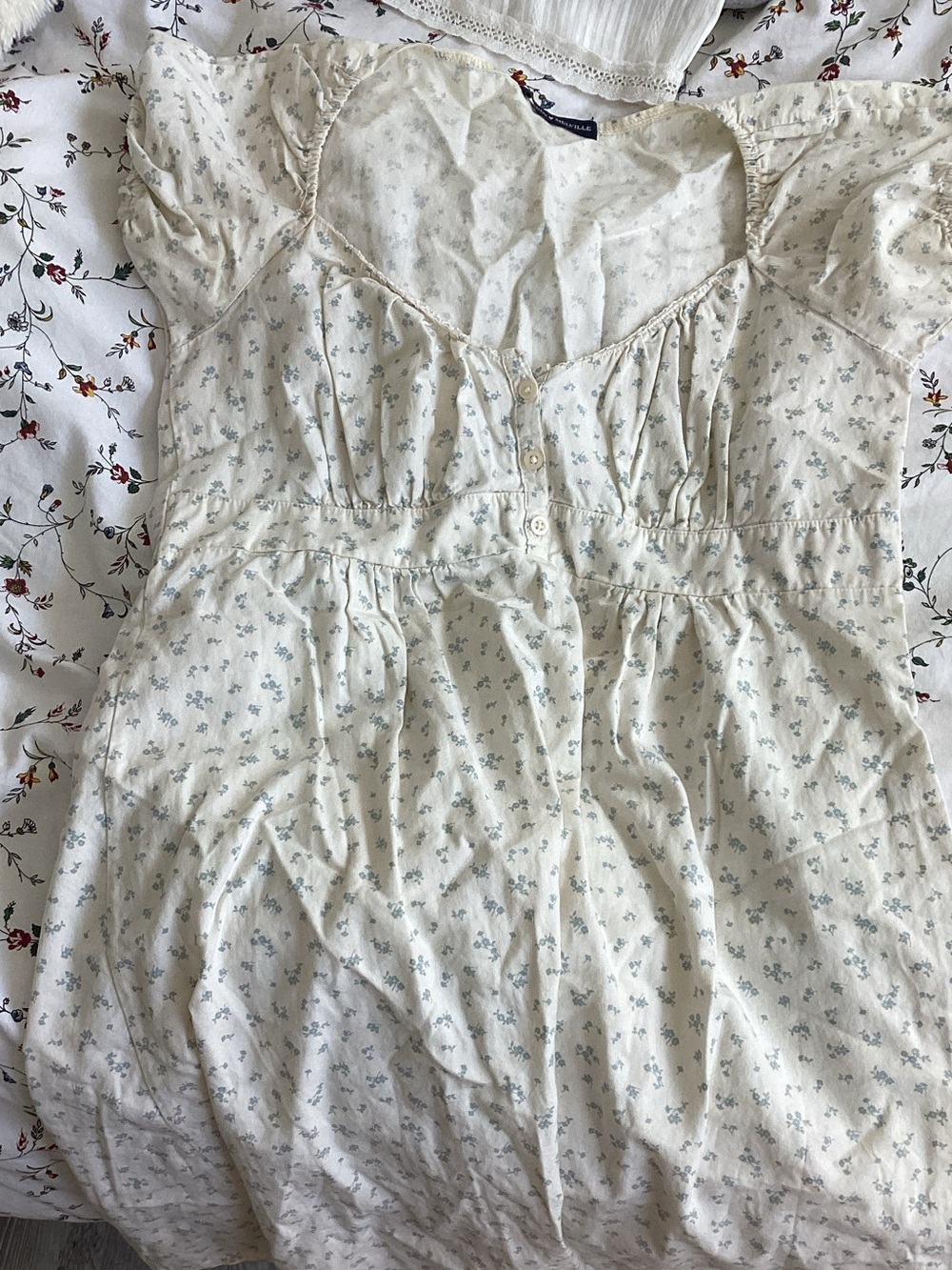 Brandy Melville Cream Mini Dress with Light Blue Floral Print